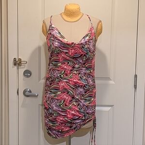 3/$30 EUC SHEIN Icon 2X Neon Butterfly Print Blacklight Ruched Side Dress